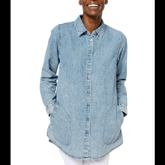 Joan Rivers Vintage Washed Denim Shirt w/Pockets Medium Wash - Petite - Picture 1 of 1